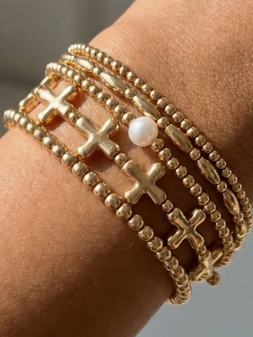 Gold Cross & Pearl Beaded Multi-Row Bracelet Set - Women Jewelry